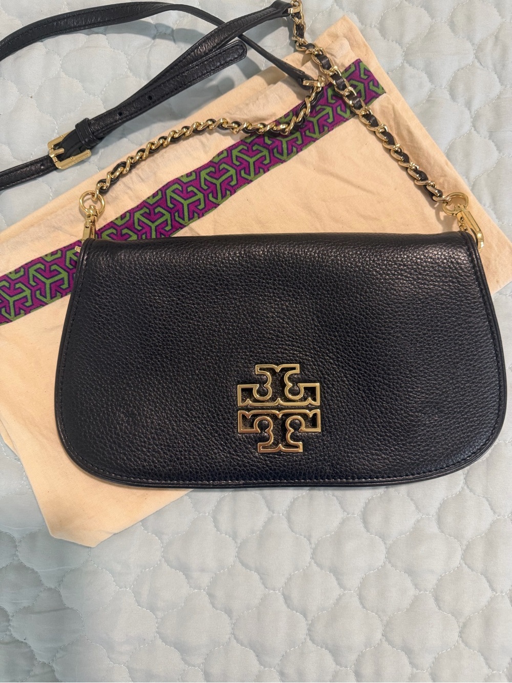 Tory Burch Black Pebbled Leather Crossbody with Gold Logo Chain